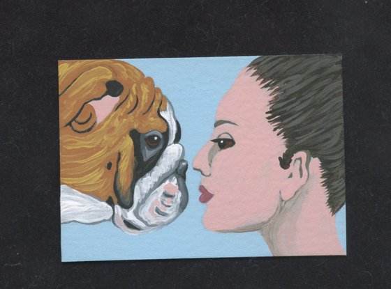 ACEO ATC Original Miniature Painting English Bulldog Human Love Art-Carla Smale