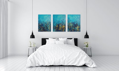 Large Blue and Gold Abstract Textured Painting. Modern Art on Canvas with Structures. Triptych by Sveta Osborne