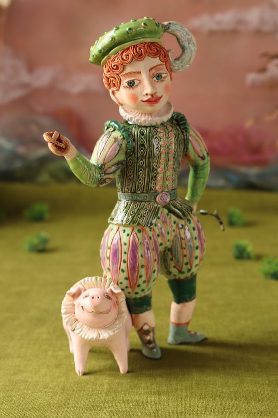 Boy with a pig hiding his rod behind.