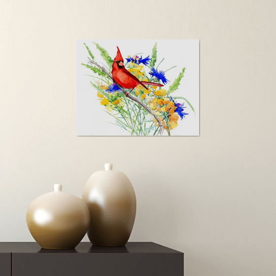 cardinal bird and wildflowers