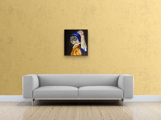 Siamese Cat with the pearl earring. Feline art. Blue eyes. Gift idea for cat lovers