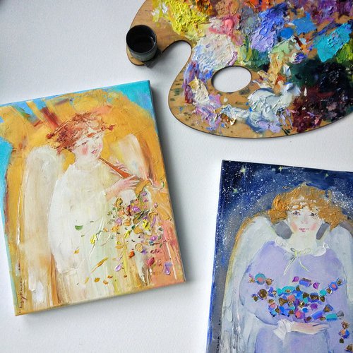 Two Angels | diptych | Guardian angel | Christmas little series | Original oil painting by Helen Shukina