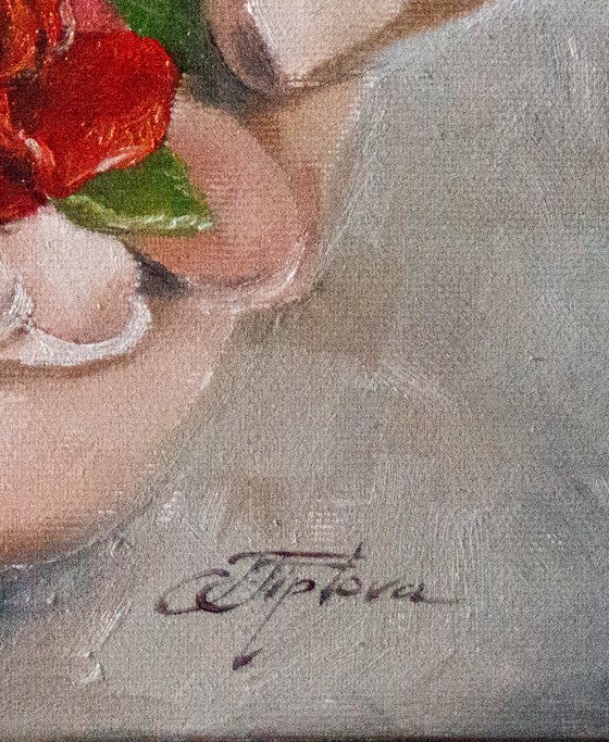 ''A gift for you''. Oil painting with rose.