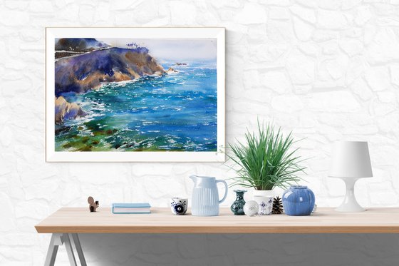 Watercolor seascape. Pacific Ocean. Surf in Acapulco. Mexico