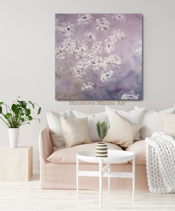 FOG IN THE GARDEN - White peonies. Abstract flowers. Shining peonies. Lilac tones. Haze. Dream. Garden.