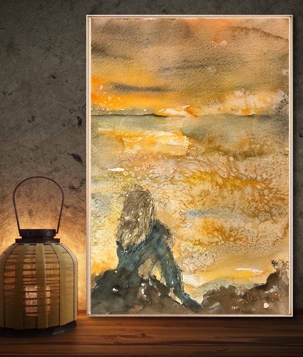 Impressionistic Landscape Watercolour By Snezana Djordjevic, 10 X 14", The Shore Of Her Thoughts, Original Artwork