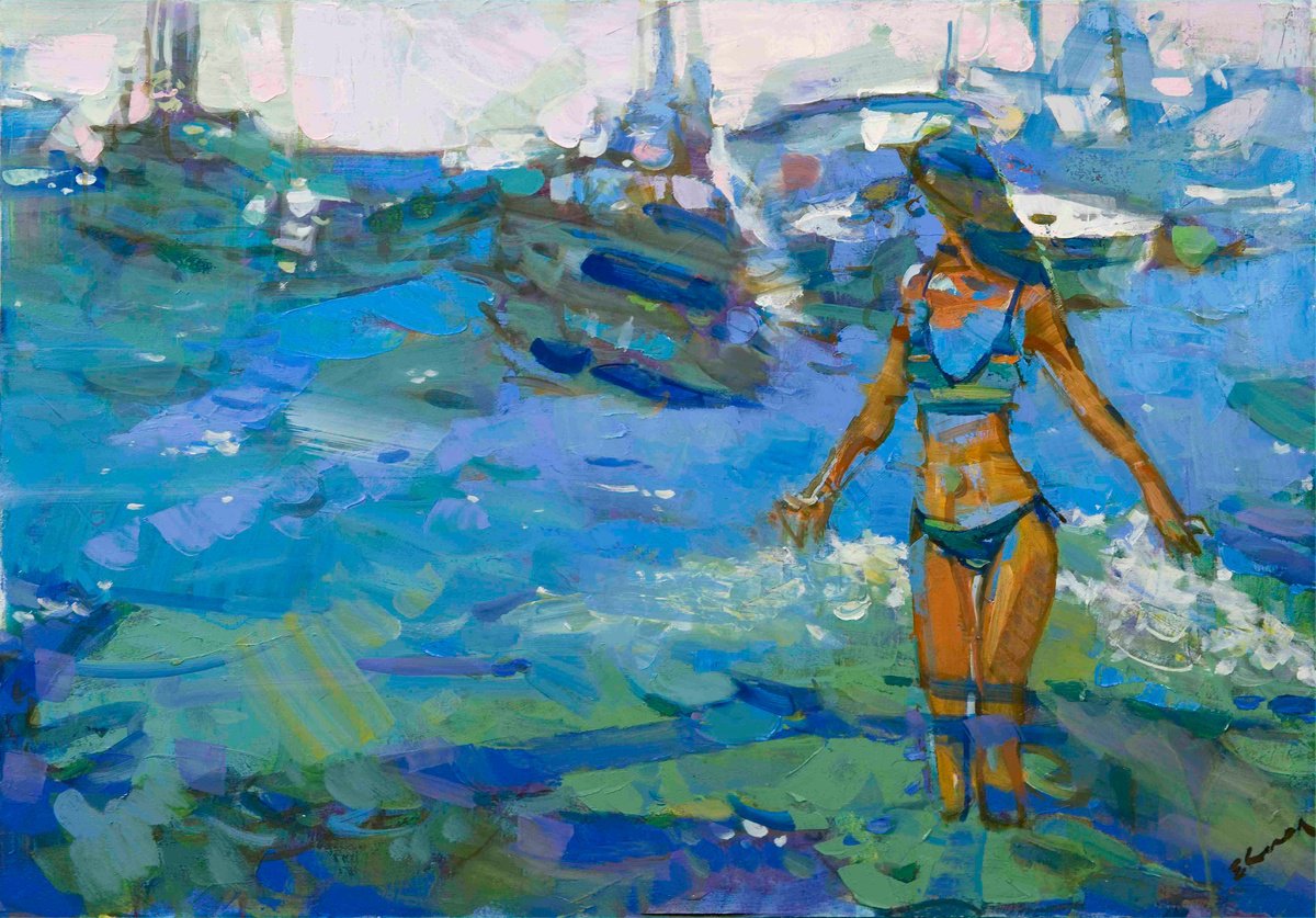 Expressive Oil Painting , Blue Sea By Eugene Segal, 31 X 24, Artwork For Sale On Artfinder