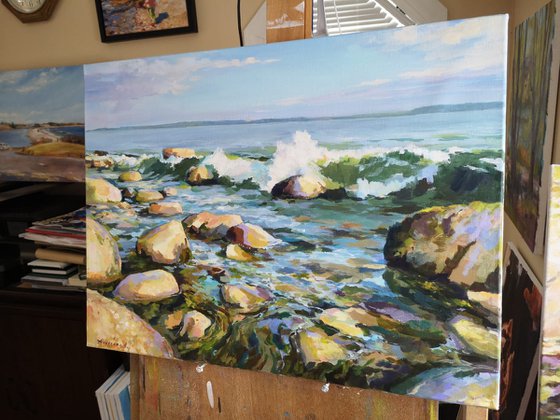 Warm stones, original one of a kind acrylic on canvas seascape