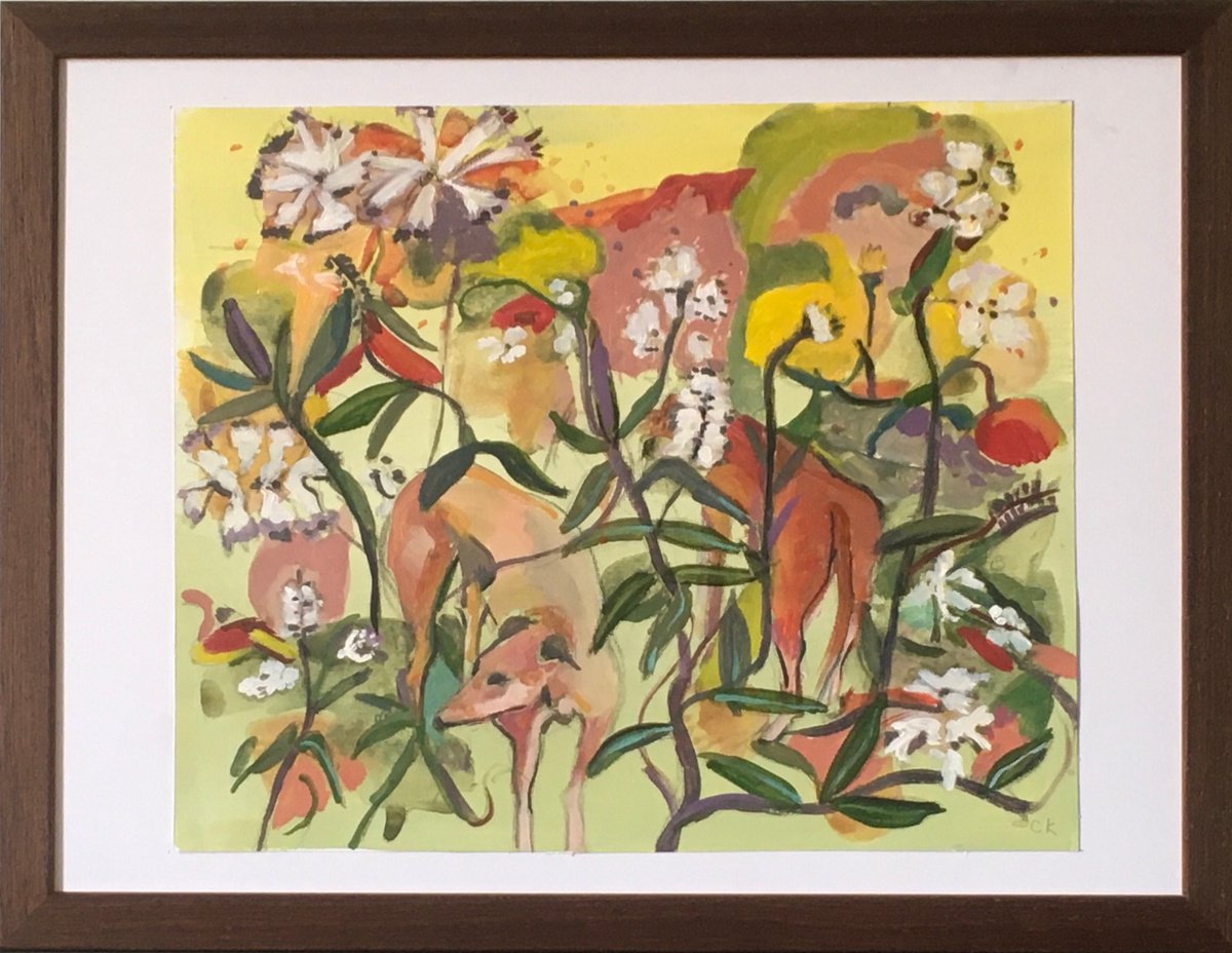 Illustrative Botanical Acrylic Painting By Chihiro Kinjo, 17 X 13, In The Garden, Original Artwork