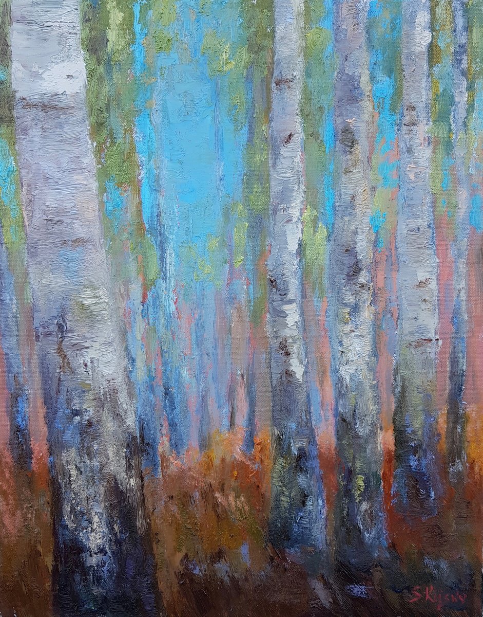 Impressionistic Landscape Oil Painting By Svetlana Grishkovec-Kiisky, 13 X 17", Birches, Original Artwork