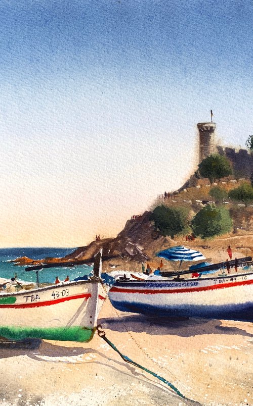 Boats on the beach in Tossa del Mar, Spain by Eugenia Gorbacheva