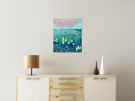 Spring flowers with Blossom Trees- landscape art