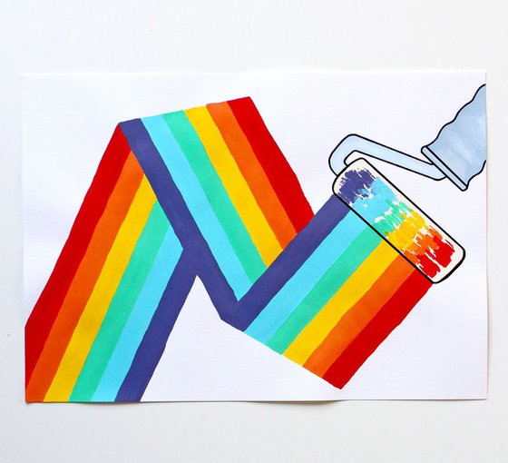 Rainbow Colour Spectrum Paint Roller Pop Art Painting On Unframed A3 Paper