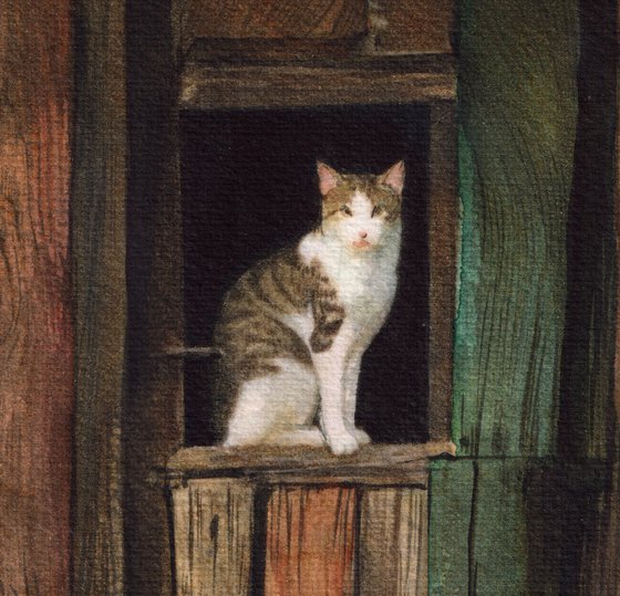 Village wood door with a cat