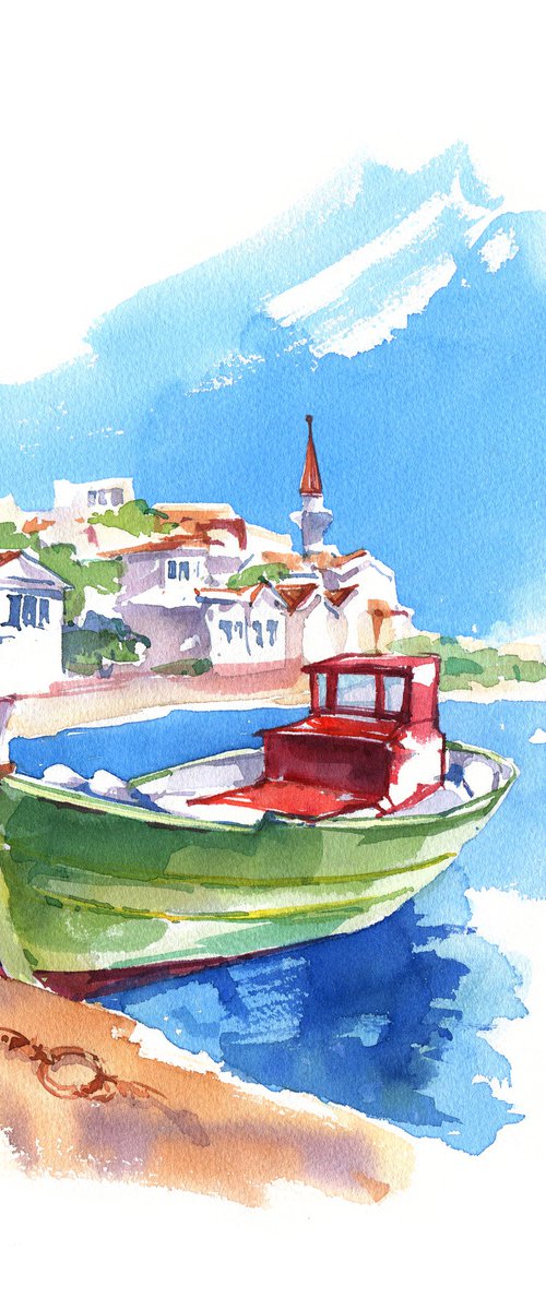 Bright summer landscape "Moored boat off the coast of a Greek city" original watercolor painting by Ksenia Selianko