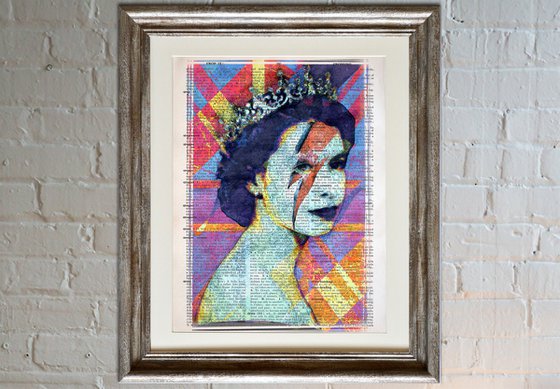 Queen Elizabeth II - Ziggy Stardust Makeup - Pop Art Collage Art on Large Real English Dictionary Vintage Book Page