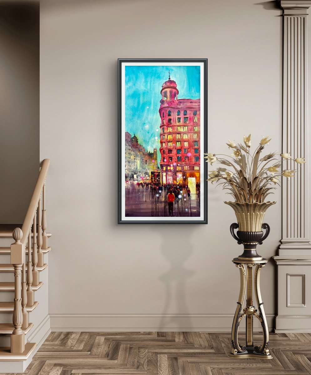 Impressionistic Watercolour , Evening Walk In Madrid By Andrii Kovalyk, 20 X 39, Artwork For Sale On Artfinder