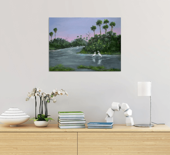 Florida Egrets - acrylic original painting on stretched canvas