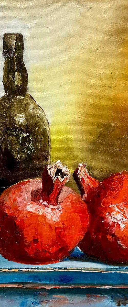 Pomegranates and oil bottle, rustic  style still life. Palette knife painting on linen canvas by Olga Koval