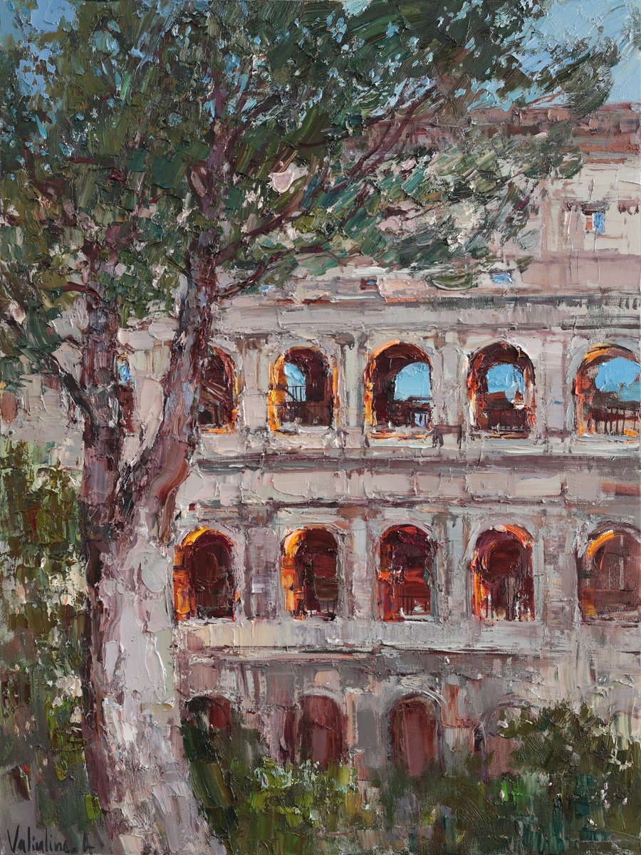 Impressionistic Cityscapes Oil Painting By Anastasiia Valiulina, 24 X 31, Evening Glow Of The Colosseum, Original Artwork