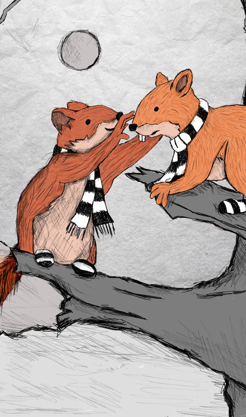 Aberfoyle red Squirrels at play by Indie Flynn-Mylchreest of MeriLine Art