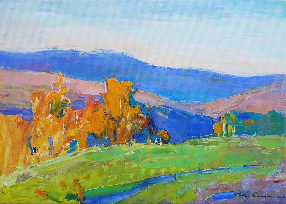 Warm days | Mountain landscape | Orange and blue | Original oil painting by Helen Shukina