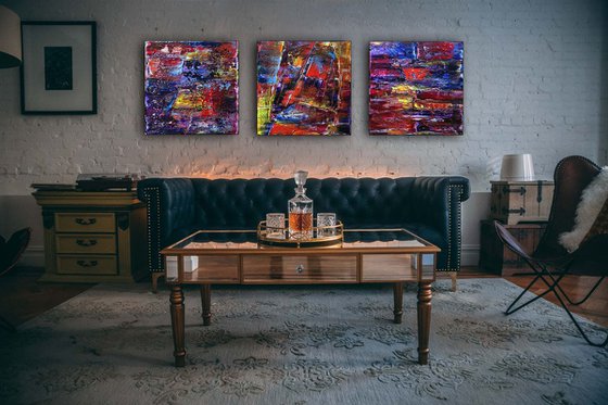 "Deep In Thought" - FREE WORLDWIDE SHIPPING - Original Large PMS Abstract Triptych Oil Paintings On Canvas - 60" x 20"