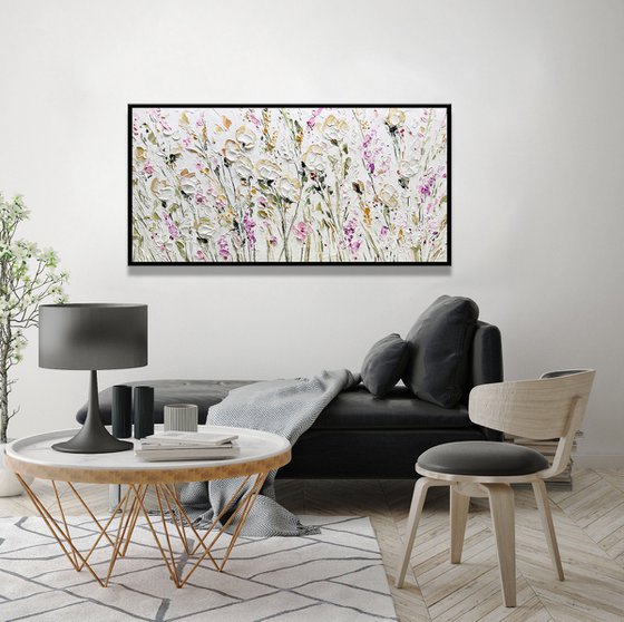 White Roses - 3D Textured Flower Painting Abstract Beige White Pink Purple Flower Painting Decor Living Room Decor Texture Acrylic Painting