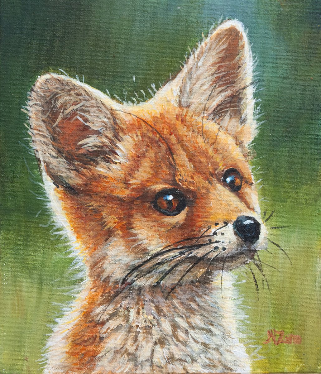 Photorealistic Animal Acrylic Painting By Norma Beatriz Zaro, 6 X 6", Baby Fox, Original Artwork