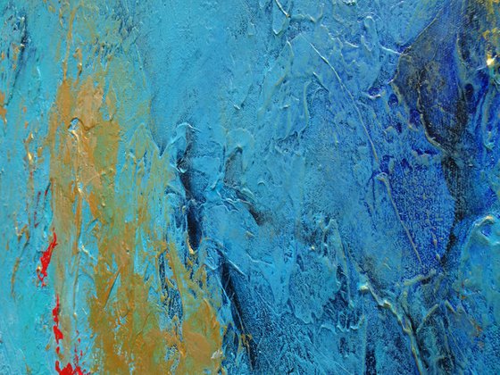 CARIBBEAN DREAM. Teal, Gold, Blue Contemporary Abstract Seascape, Ocean Waves Painting. Modern Textured Art