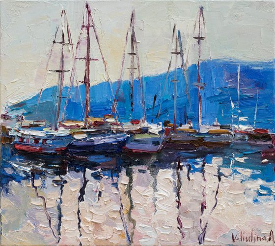 Sailing yachts moored at the pier - Original oil seascape painting