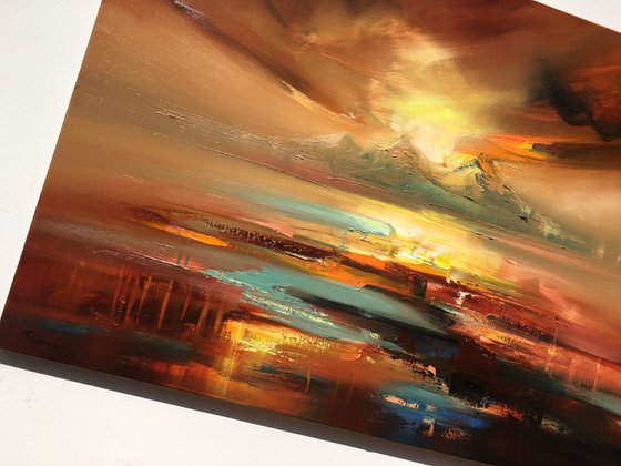 The Promise of a New Day - 70 x 100 cm abstract landscape oil painting in brown and yellow