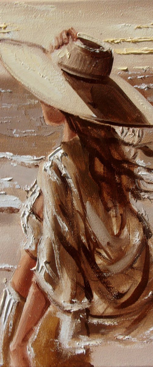 " UNDER THE HAT " SUN SKY SEA SAND liGHt  ORIGINAL OIL PAINTING, GIFT, PALETTE KNIFE by Monika Luniak