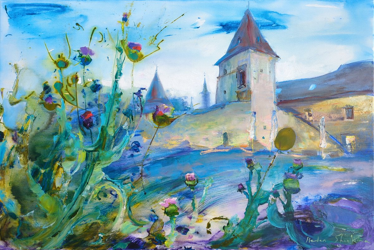 Organic Cityscapes Oil Painting By Helen Shukina, 35 X 24, Ancient Castle In Bardejove, Original Artwork