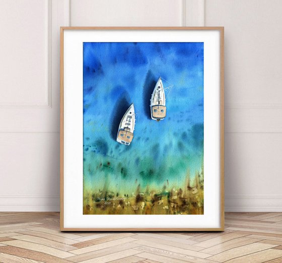 Beach wall art boats in the ocean original watercolor painting , coastal artwork, blue ocean wall art