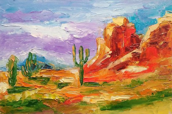 Arizona Painting Desert Landscape Original Art Saguaro Cactus Artwork Sonora Wall Art