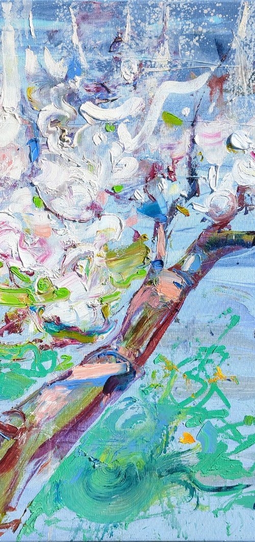 Apple tree blossoms . 70x80 cm. Large spring impressionistic oil painting . by Helen Shukina