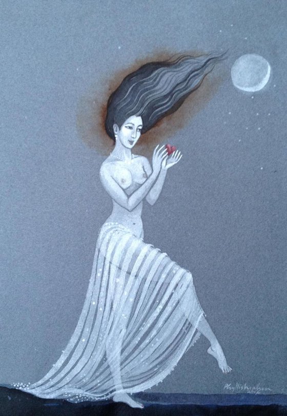 Woman wishing on a crescent moon (heart in hands)