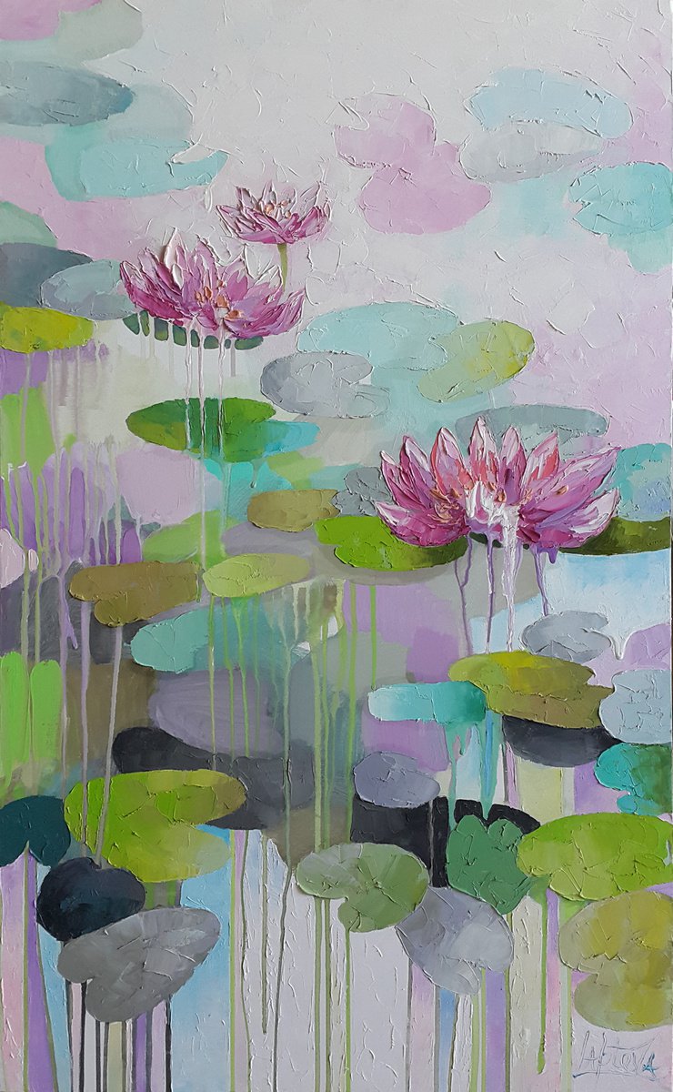 Impressionistic Botanical Oil Painting By Viktoria Lapteva, 22 X 35", Pink Water Lilies, Original Artwork