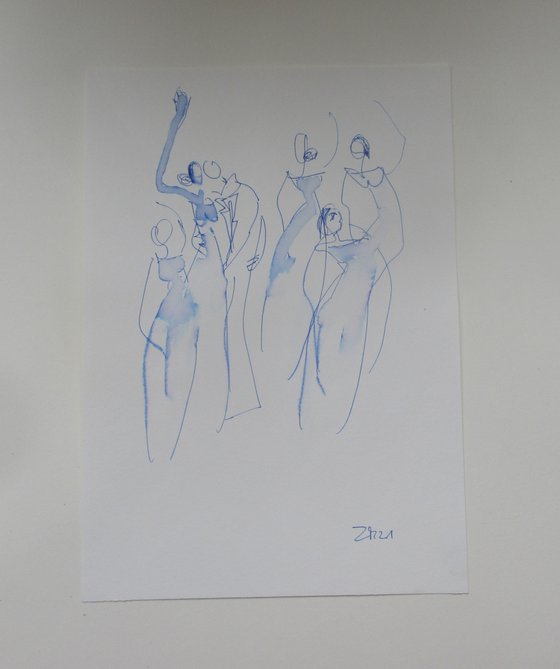 dancing girls in blue 8,2 x 11,4 inch unique mixedmedia drawing