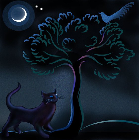 Cat, Tree and Bird by Moonlight; landscape scene. Variable edition print (violet)