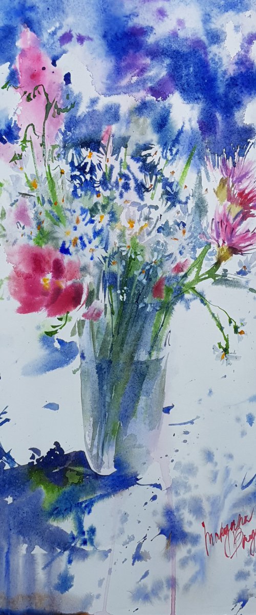 Wildflowers bouquet. Blue flowers in watercolor by Mariana Briukhanova