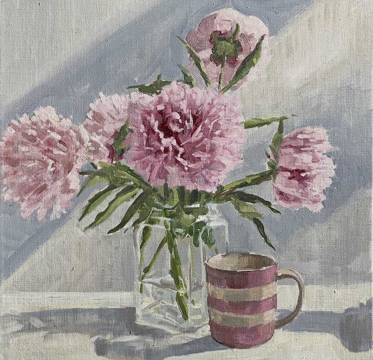 Impressionistic Botanical Oil Painting By Louise Gillard, 12 X 12", Peonies And Cornishware., Original Artwork