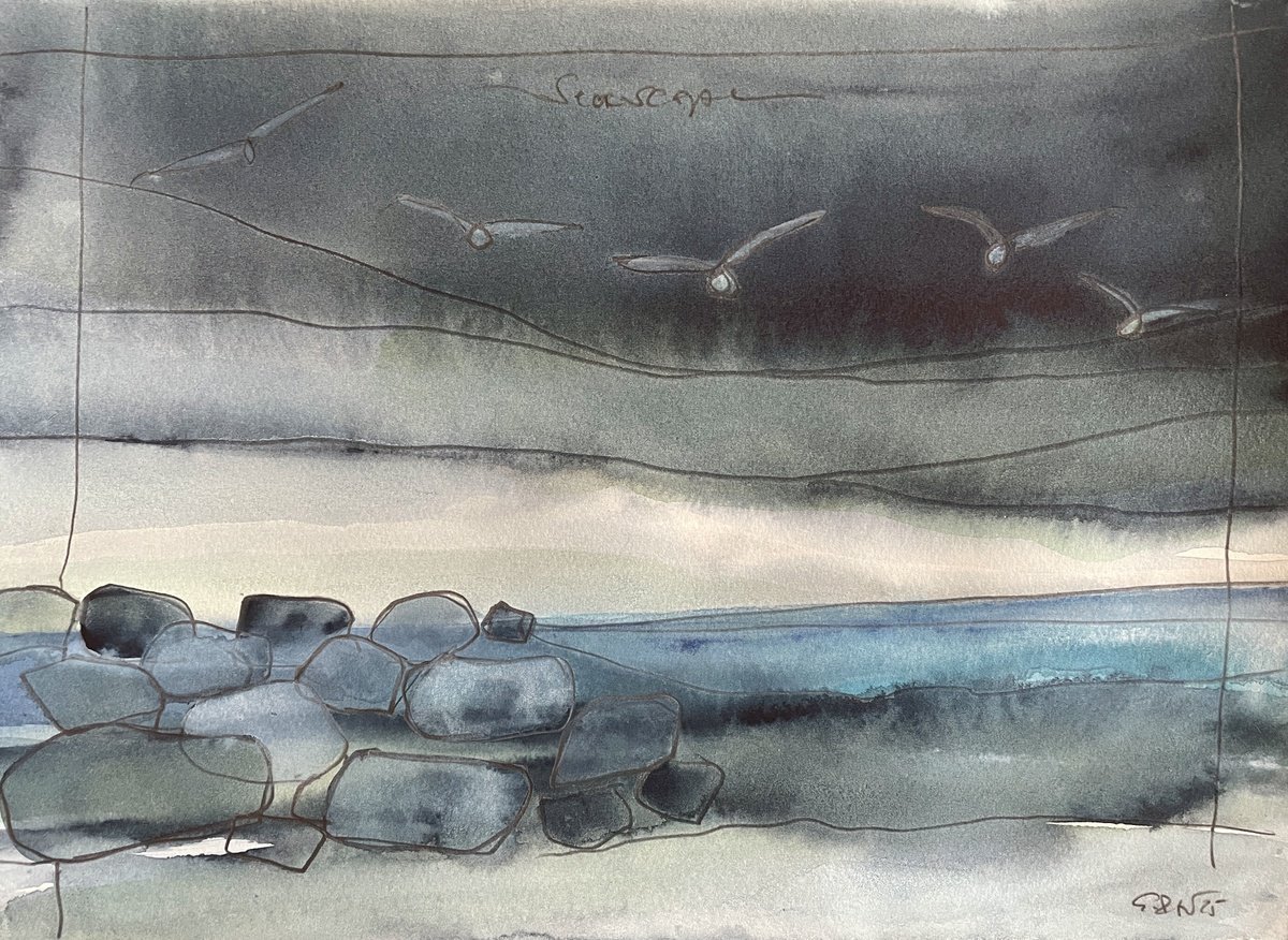 Expressive Drawing , Winter Seascape By Gesa Reuter, 15 X 11, Artwork For Sale On Artfinder