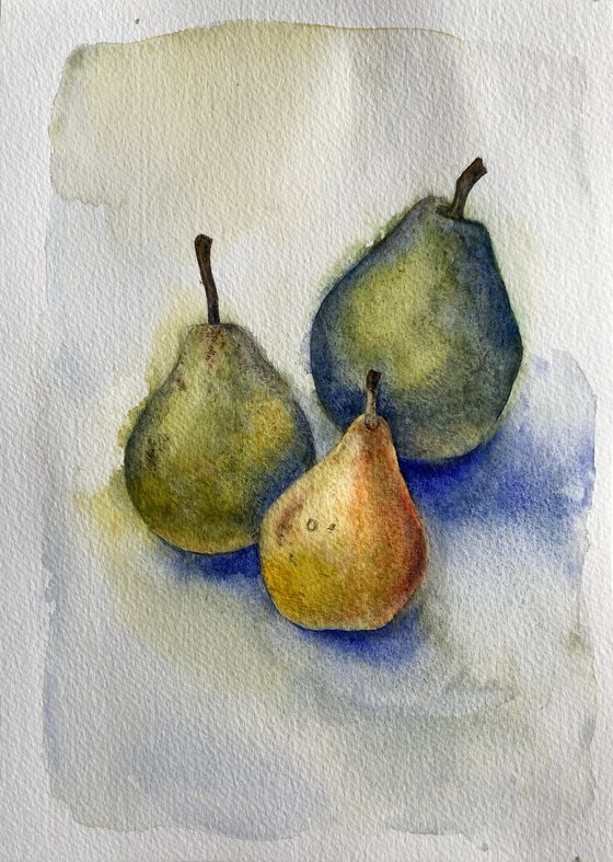 Three pears watercolor still life illustration
