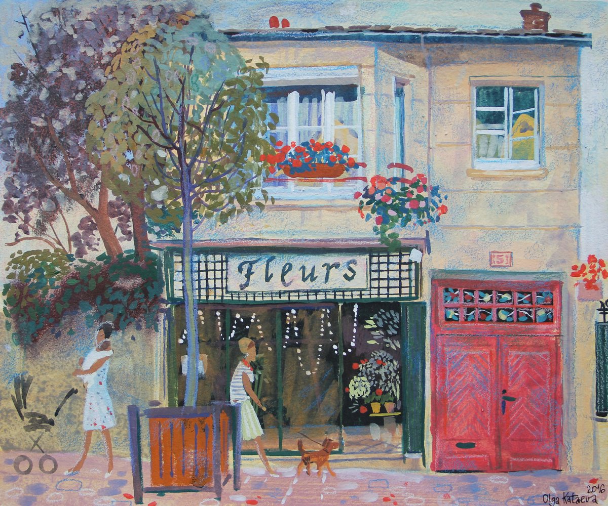 Impressionistic Landscape Painting By Olga Kataeva-Rochford, 13 X 11", Sunday Flowers Store, Original Artwork