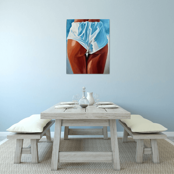 FRESH AND CLEAN - original painting sea swimming erotic art white blue shorts legs erotic art nude sexy pop art office interior home decore