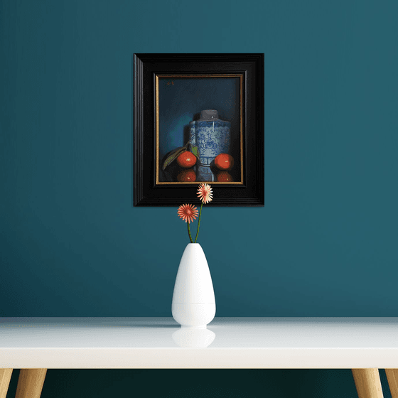 Oranges, with Antique Blue & White Ginger Vase.