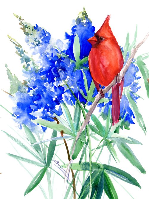 Red Cardinal and Bluebonnet Flowers by Suren Nersisyan
