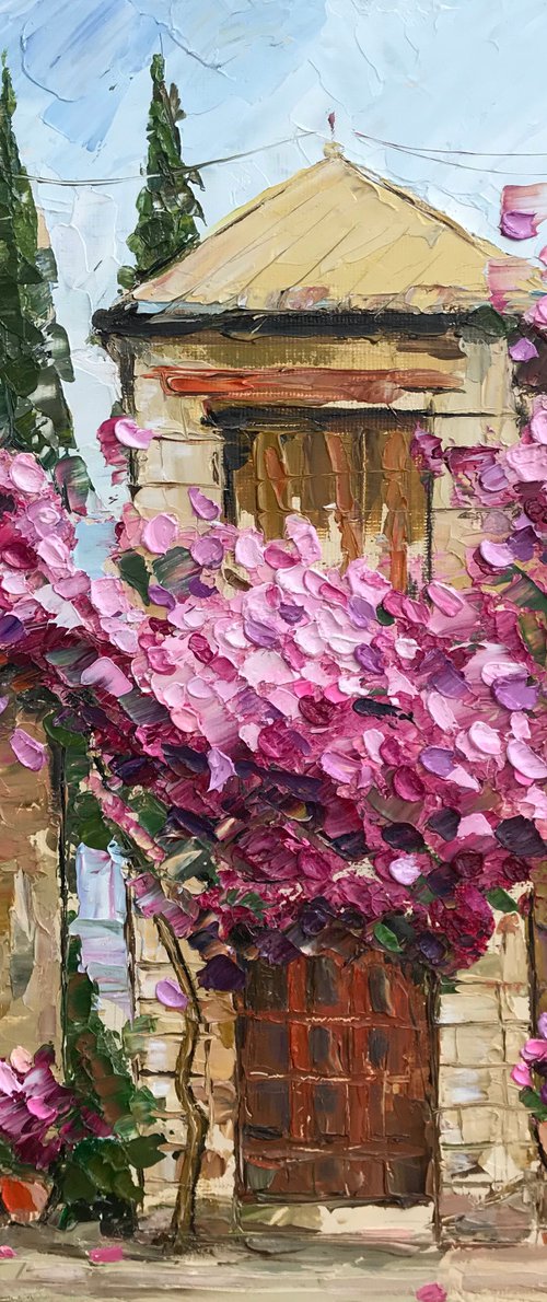 Romantic cityscape impasto painting 30x30cm by Leysan Khasanova